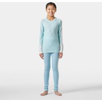 Blue Helly Hansen junior base layer set with long sleeves and leggings, featuring a subtle graphic design.