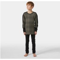 Brown Helly Hansen junior base layer set with plaid pattern top and solid black sleeves and pants, size 14.