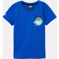 Blue Helly Hansen kids' T-shirt with "The Ocean Race" logo and wave graphic on chest, short sleeves, crew neck.