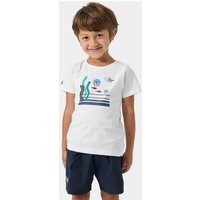 White Helly Hansen kids' T-shirt with nautical graphics and navy shorts, featuring The Ocean Race theme.