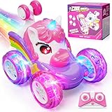 Pink and purple RC stunt car with unicorn design, LED lights, rainbow accents, and remote control.