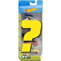 Hot Wheels 5 Cars Pack in a clear plastic box with colorful, varied car designs and a blue top label.