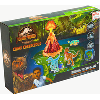 "Jurassic World Camp Cretaceous Exploding Volcano Island toy set with erupting volcano and dinosaur figures on map base"