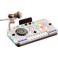 Kids' DJ turntable toy with microphone, colorful buttons, dials, and sliders on a white base with LED lights.