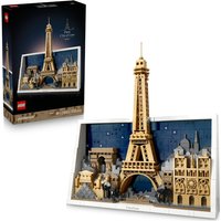 LEGO Architecture Paris set with Eiffel Tower, Arc de Triomphe, and Louvre, featuring detailed miniature landmarks.