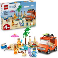 LEGO Bluey building kit with orange family car, beach scene, palm trees, umbrella, and Bluey character figures.