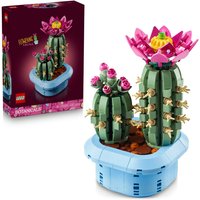 LEGO Botanicals flowering cactus set with pink blooms in a blue pot, featuring green cactus stems and tiny spines.
