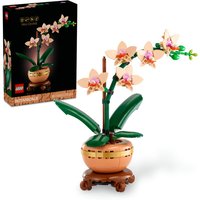 LEGO Botanicals Mini Orchid set with pink flowers, green leaves, and a round brown pot on a small wooden stand.