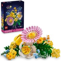 LEGO Botanicals Petite Sunny Bouquet set with pink, yellow, and blue toy flowers, displayed with packaging.