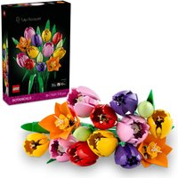 LEGO Botanicals Tulip Bouquet with colorful tulip flowers in red, yellow, orange, purple, and pink, includes green stems.