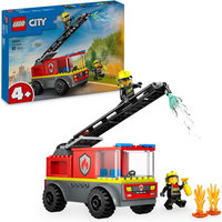 Lego City fire engine playset with red truck, extendable ladder, water hose, and two firefighter minifigures.