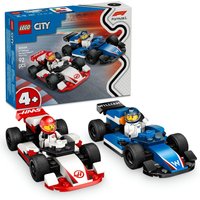 LEGO City set with blue Williams and red Haas F1 race cars, featuring drivers and detailed racing elements.