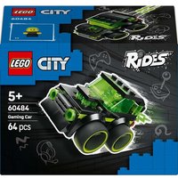 LEGO City Rides Gaming Car set 60484, black and green car with neon accents, six wheels, 64 pieces.
