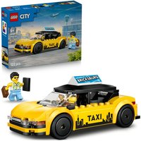 LEGO City Yellow Taxi Model Car Kit with black roof, "TAXI" sign, and 2 minifigures in casual attire.