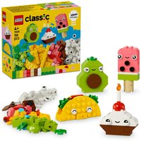 LEGO Classic Creative Food Friends set with colorful food-themed builds, including taco, avocado, and ice cream.