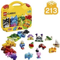 Yellow LEGO Classic suitcase with colorful building bricks and small models like a house, car, and animals.