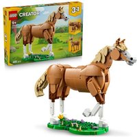 LEGO Creator 3-in-1 set featuring a brown horse with a white mane and tail, standing on a green base.