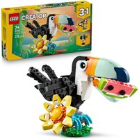 LEGO Creator 3-in-1 set featuring a colorful tropical toucan with a large beak, perched on a flower and leaf base.