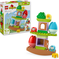 Lego Duplo stacking tree playset with colorful blocks, owl figures, and a balancing platform, includes 27 pieces.