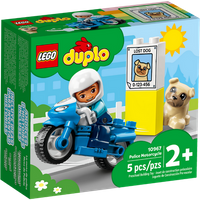Blue LEGO Duplo police motorbike with rider figure, yellow sign, and small dog, suitable for ages 2 and up.