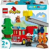 LEGO Duplo Fire Engine set with red truck, firefighter figure, tree, and flames, for ages 2+, 28 pieces.