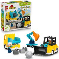 LEGO DUPLO Town set with yellow and blue construction vehicles, crane, bulldozer, and building blocks.