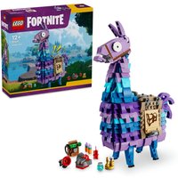 LEGO Fortnite Supply Llama toy, multicolored bricks, detachable accessories, and box with game-themed artwork.