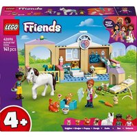 LEGO Friends Animal Vet Clinic set with colorful building, horse, and mini-figures in a playful outdoor scene.