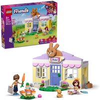 LEGO Friends Bunny Hotel Playset with pastel building, bunny figure, mini dolls, and garden accessories.