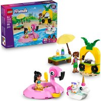 LEGO Friends set with pink flamingo float, unicorn float, yellow umbrella, and snack stand with palm tree decor.