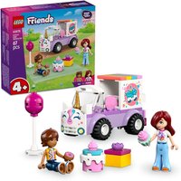 LEGO Friends Unicorn Cake Delivery Car Toy, purple and white with unicorn face, includes mini figures and cake accessories.