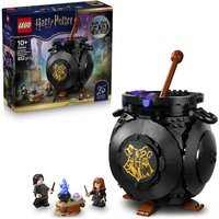 Black LEGO Harry Potter cauldron with gold emblem, includes potion accessories and three mini-figures.