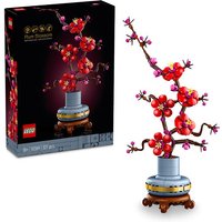 LEGO Icons Plum Blossom Flower Building Set with pink and red blossoms on brown branches in a gray vase.