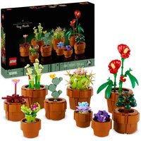LEGO Icons Tiny Plants Botanical Set with miniature potted flowers and succulents in brown pots, colorful blooms.