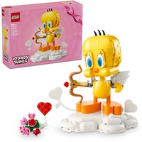 LEGO Looney Tunes Tweety Bird kit with heart-shaped base, bow, and arrow, featuring pink and red heart accents.