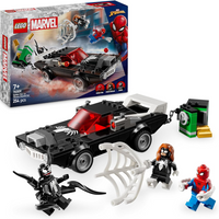 Lego Marvel playset with black muscle car, Spider-Man, Venom, and Ghost Rider mini figures, web accessory included.