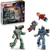 LEGO Marvel set with Iron Man, War Machine minifigures, and two green and blue Hammer Drones, 204 pieces.
