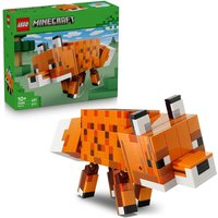 LEGO Minecraft The Fox set featuring an orange blocky fox with black and white accents, box in background.