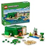LEGO Minecraft Turtle Beach House set with green house, turtle figures, mobs, crafting table, and beach accessories.