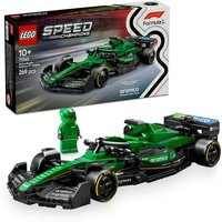 Green LEGO Speed Champions Aston Martin F1 race car with driver minifigure and detailed aerodynamic design.