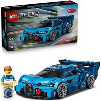 Blue LEGO Bugatti Vision Gran Turismo car with aerodynamic design, large rear wing, and driver minifigure.