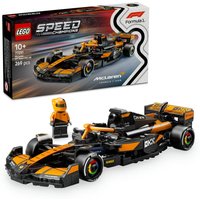 LEGO McLaren F1 MCL38 race car set, black and orange with driver minifigure, detailed aerodynamic design.