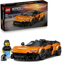 LEGO Speed Champions McLaren W1 in orange and black with detailed design, includes driver minifigure and helmet.