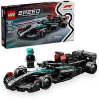 Black and teal LEGO Mercedes-AMG F1 W15 race car toy with driver minifigure and branded box.
