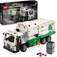 Lego Technic Mack LR Electric Garbage Truck, white and green with recycling logo, includes trash bin and pieces.