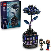 LEGO Black Dahlia flower with dark petals in a round black vase, includes two mini-figures and a themed box.