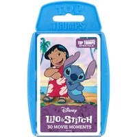 Blue Top Trumps card pack featuring Lilo and Stitch with tropical background and "30 Movie Moments" text.