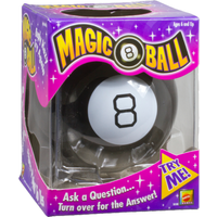 Magic 8 Ball Toy in black and white, packaged in a purple box with stars and text "Ask a Question... Turn over for the Answer".