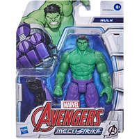 Hulk action figure in purple shorts, green skin, in Avengers Mech Strike packaging with comic-style graphics.