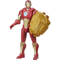 Red and gold Iron Man action figure with large gold shield, detailed armor, and glowing chest arc reactor.